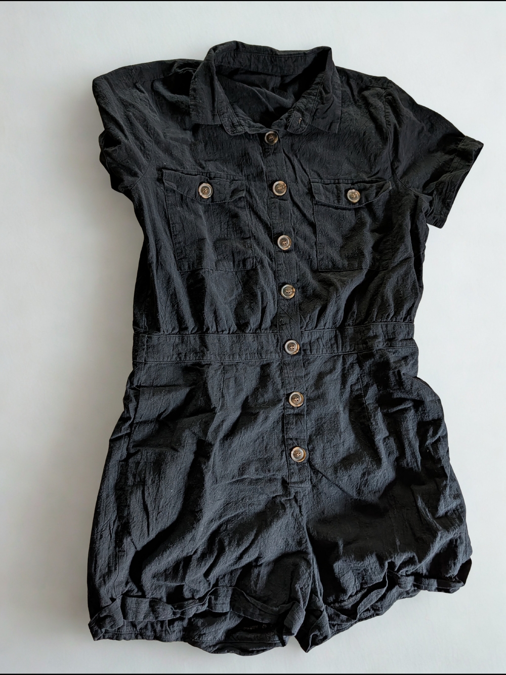 Black Short-Sleeve Button-Front Romper